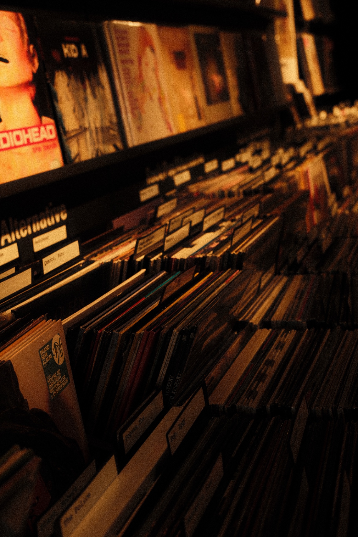 Records stacked under warm light in an alternative section of a vinyl shop
