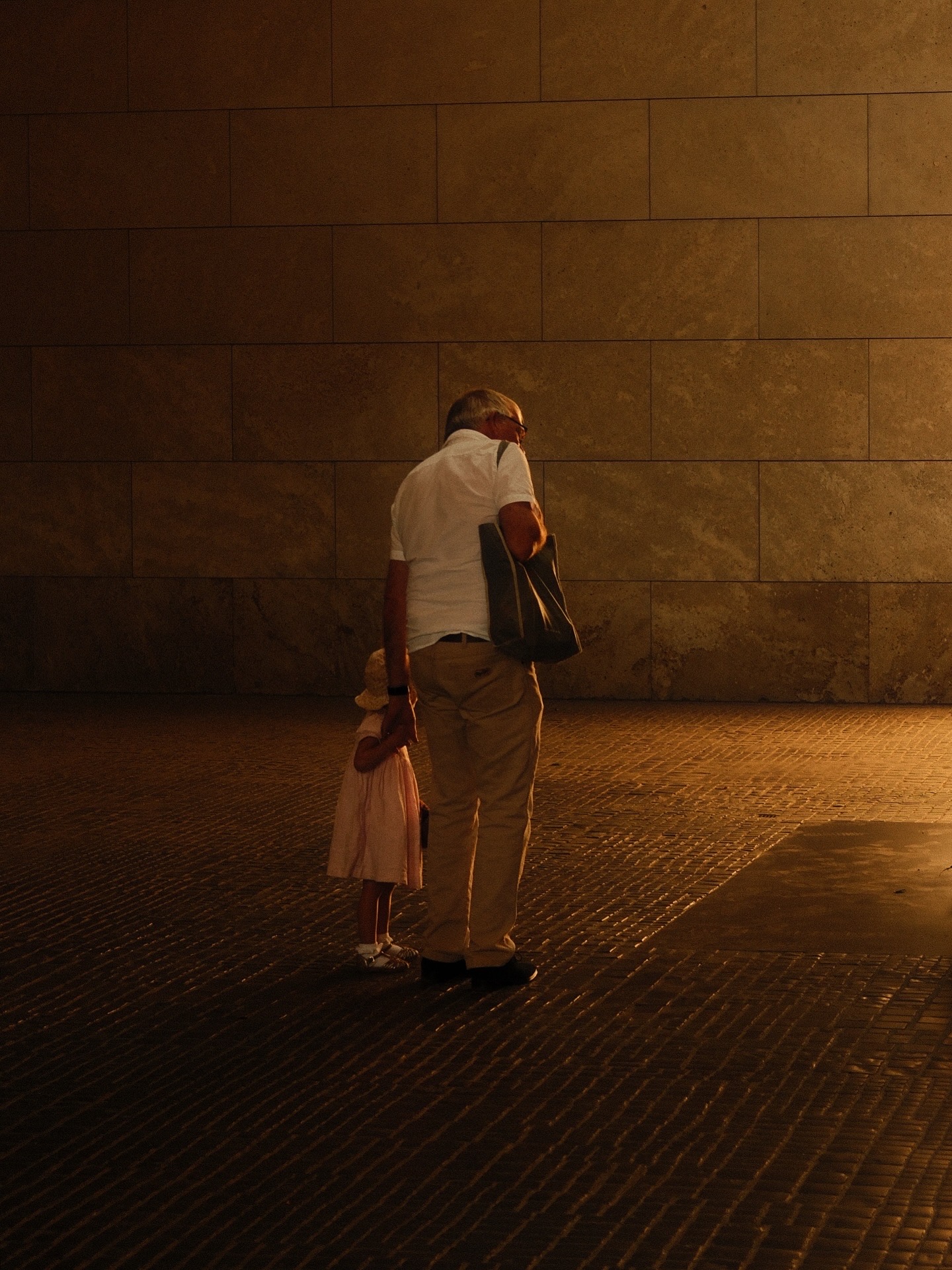 An older man and a child in evening light