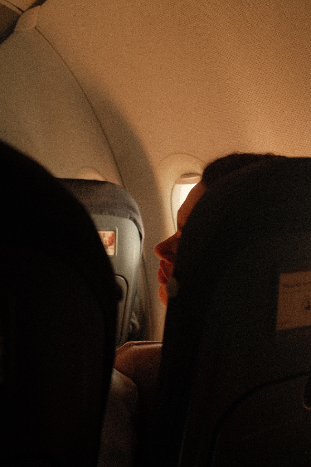 Two passengers under a reading light on a night flight