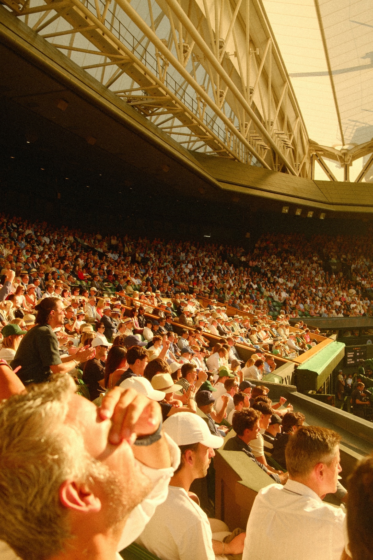 A packed Wimbledon stand catching the late afternoon sun
