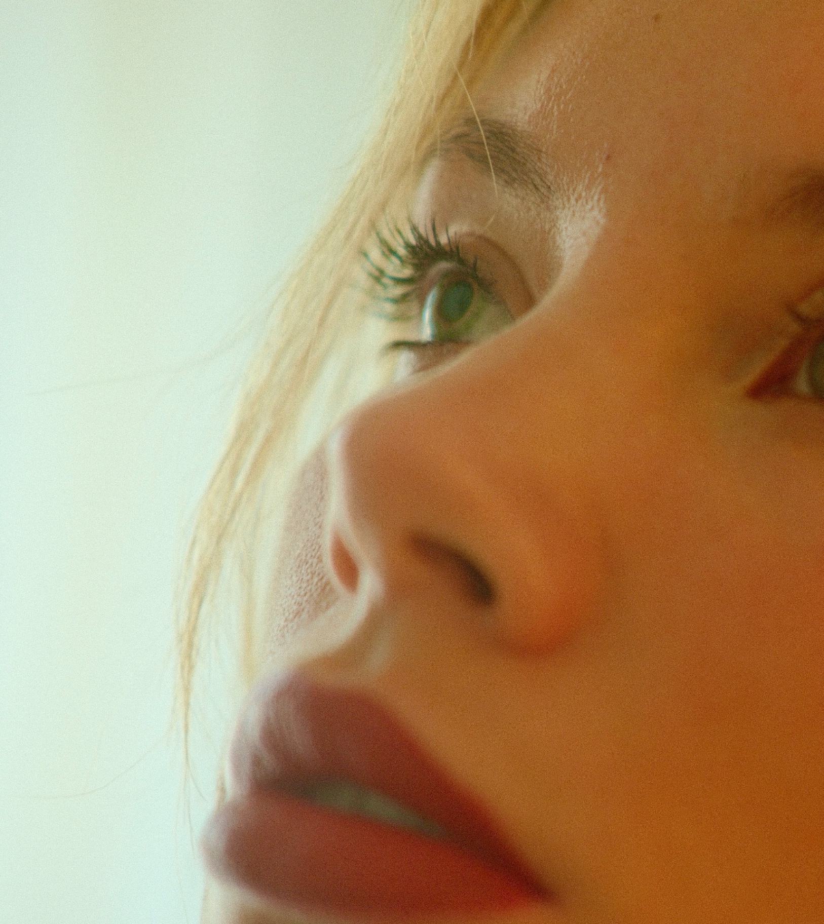 Close portrait, green eye and warm skin in soft window light